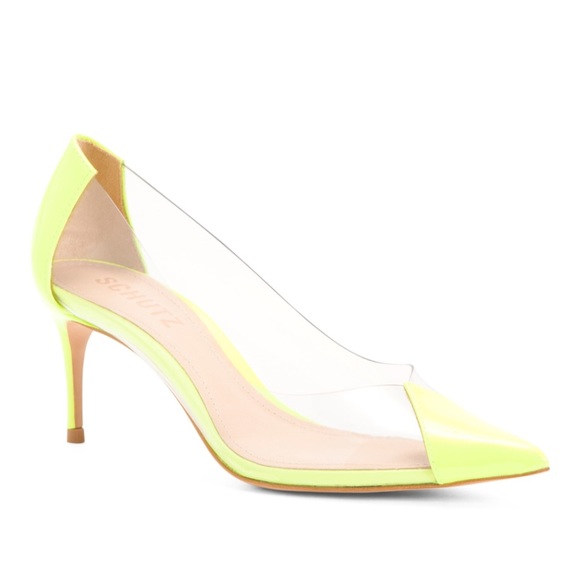 New Schultz vinyl Neon Yellow pumps 3”H sz 6B
